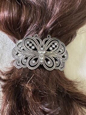 Vintage Butterfly Hair Clip Barrette Silver Tone Rhinestones Rare